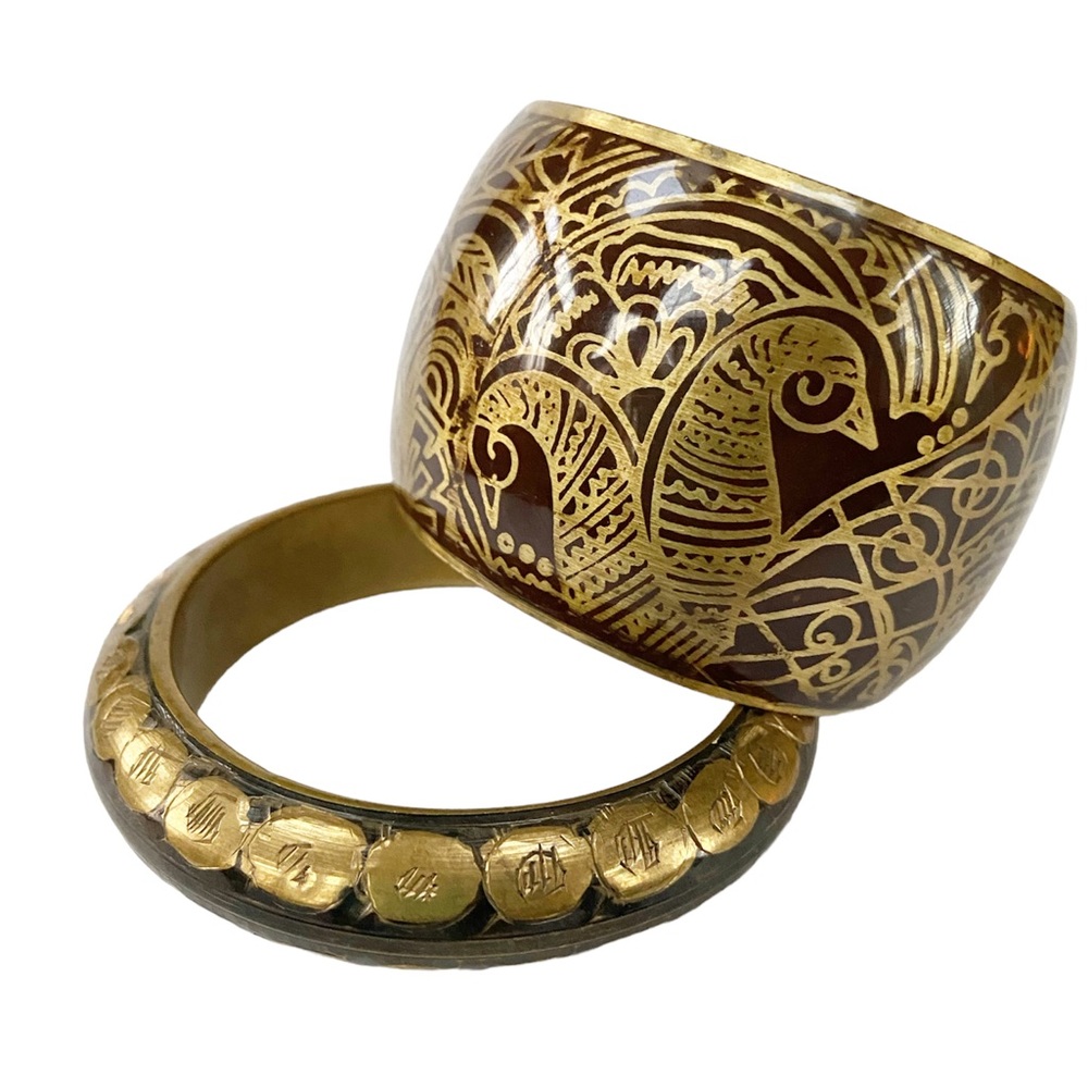 Vintage Etched Brass Bangle Set of Two Bracelets